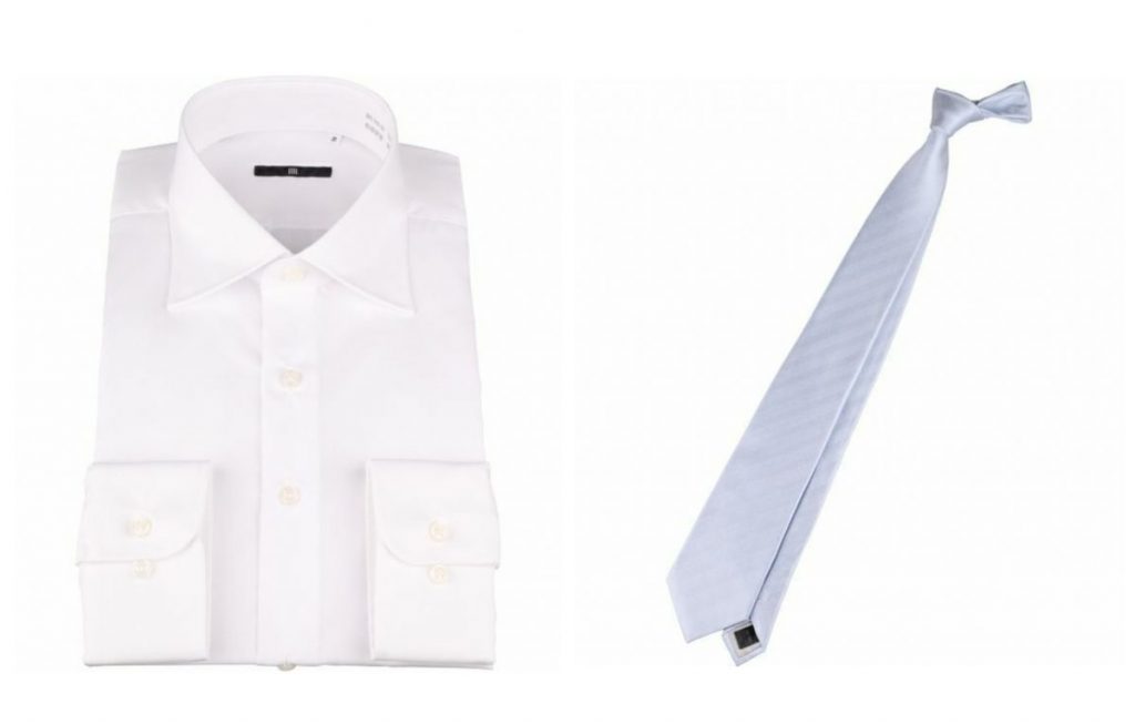 白の織柄シャツとサックスブルーのネクタイ